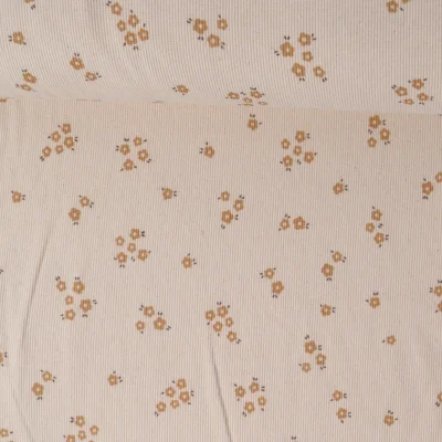 Tissu maille cotêlé coton petites fleurs sur fond Crème - Par 10 cm