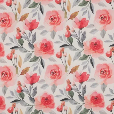 Tissu Voile de Coton fleurs Rosabella roses sur fond Blanc cassé - Par 10 cm