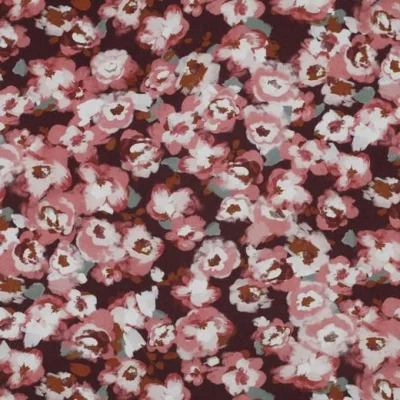 Tissu Viscose extensible Fleuris Mia rose sur fond Bordeaux - Par 10 cm