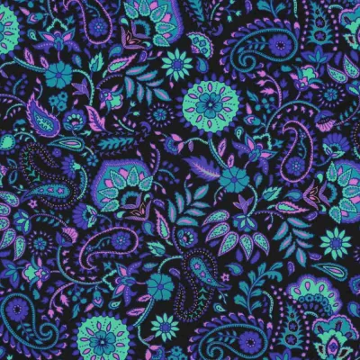 Tissu Ecovero fleurs Kashmiria bleues turquoise sur fond Noir - Par 10 cm