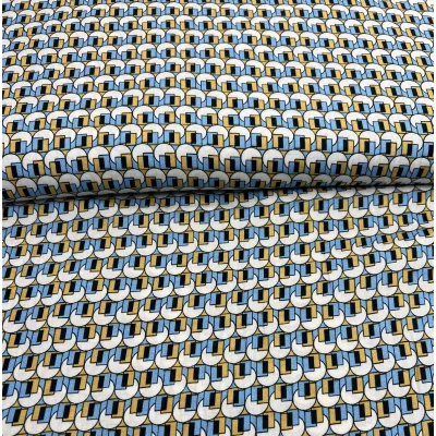 Tissu Viscose Formes Géo sur fond Bleu ciel - Par 10 cm