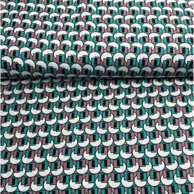 Tissu Viscose Formes Géo sur fond Vert émeraude - Par 10 cm