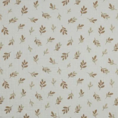 Tissu Double gaze de Coton feuilles Foliette brunes sur fond Blanc cassé - Par 10 cm