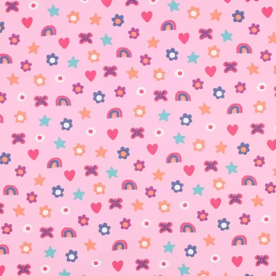 Tissu popeline de Coton  Rainbow sur fond Rose clair - Par 10 cm