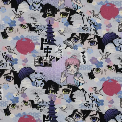 Tissu Jersey Coton digital Manga sur fond Parme - Par 10 cm