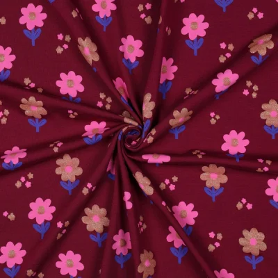 Tissu Jersey Coton imprimé Fleurs pailletées Rose et taupe sur fond Bordeaux - Par 10 cm