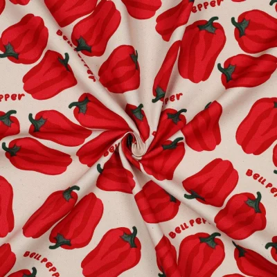Tissu Toile de Coton Canvas Poivrons rouges sur fond Ecru - Par 10 cm