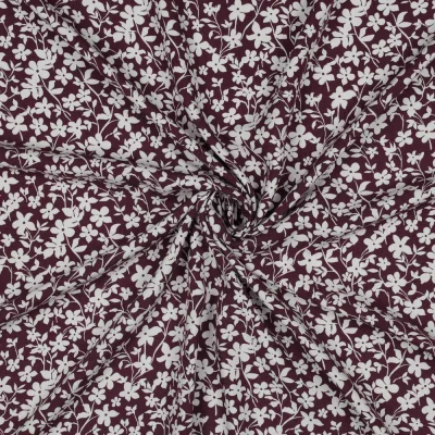 Tissu Viscose imprimé Petites Fleurs Blanche sur fond Bordeaux foncé - Par 10 cm