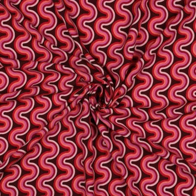 Tissu Viscose imprimé vaguelettes rétro tons Rouge sur fond Noir - Par 10 cm