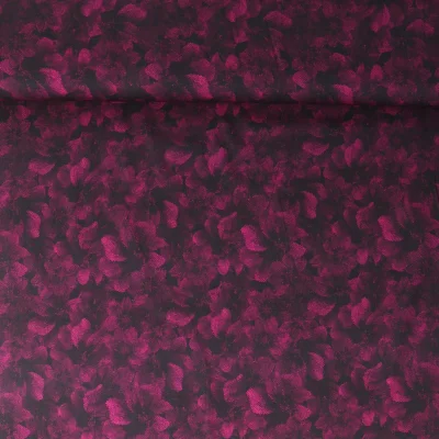 Tissu Viscose Twill extensible Louna fleurs Framboise foncé sur fond Noir - Par 10 cm