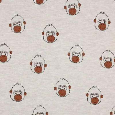 Tissu Jersey Coton Singe sur fond Beige - Par 10 cm