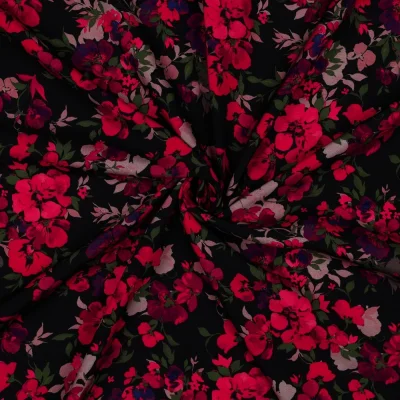 Tissu Viscose EcoVero digital fleurs Rouge sur fond Noir - Par 10 cm