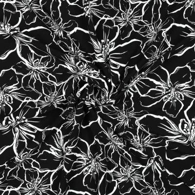 Tissu Viscose EcoVero grandes fleurs Blanche sur fond Noir - Par 10 cm