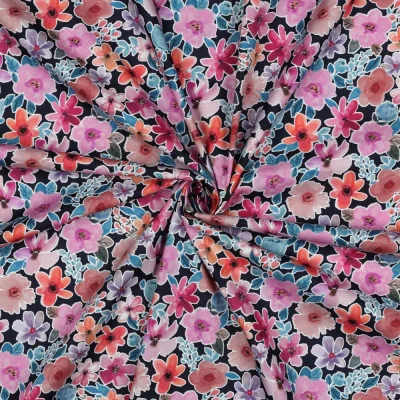 Tissu Popeline de Coton digital petites fleurs sur fond Noir - Par 10 cm