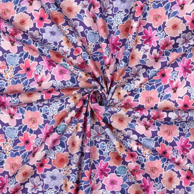 Tissu Popeline de Coton digital petites fleurs sur fond Violet - Par 10 cm