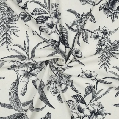 Tissu Viscose Lin grand Herbier Bleu marine sur fond Ecru - Par 10 cm