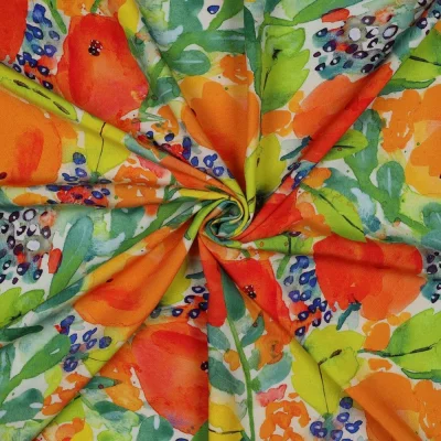 Tissu Viscose imprimé digital Oranges sur fond Blanc cassé - Par 10 cm
