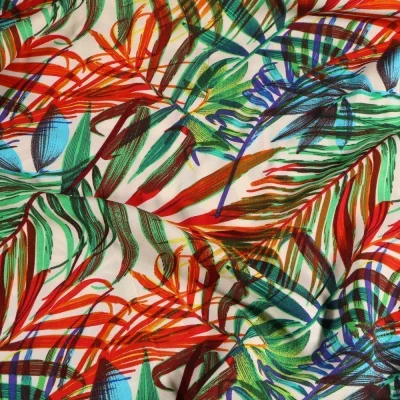 Tissu Viscose  Feuilles de palmier sur fond Blanc - Par 10 cm