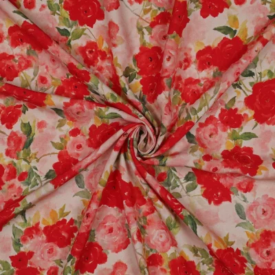Tissu Viscose imprimé digital bouquets Rose sur fond Blanc cassé - Par 10 cm