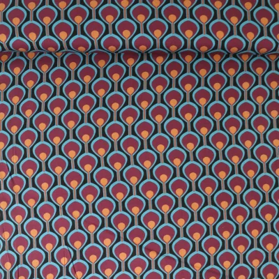 Tissu Viscose extensible Cléa œil de paon Bordeaux sur fond Noir profond - Par 10 cm
