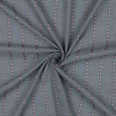 Tissu Voile de Coton imprimé Petits carreaux Bleu brodées de Roses sur fond Blanc - Par 10 cm