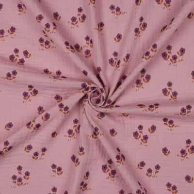 Tissu Double gaze de Coton petites fleurs sur fond Vieux rose - Par 10 cm