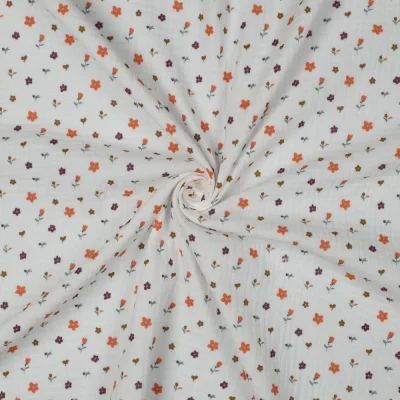 Tissu Double gaze de Coton digital petites fleurs Oranges sur fond Ecru - Par 10 cm