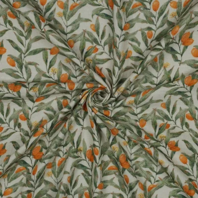 Tissu Double gaze de Coton digital branches d&#039;olivier sur fond Ecru - Par 10 cm