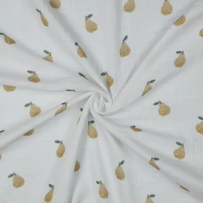 Tissu Double gaze de Coton digital petites Poires sur fond Blanc - Par 10 cm