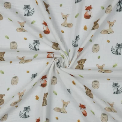 Tissu Double gaze de Coton digital Animaux de la forêt sur fond Blanc - Par 10 cm