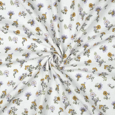Tissu Double gaze de Coton Bio digital petites fleurs Lilas sur fond Blanc - Par 10 cm