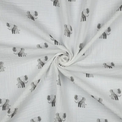 Tissu Double gaze de Coton Bio digital petits Eléphants Gris sur fond Blanc - Par 10 cm