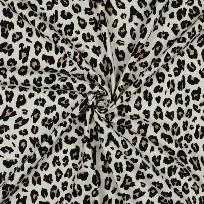 Tissu Viscose Lin imprimé Léopard Noir &amp; Camel sur fond Ecru - Par 10 cm