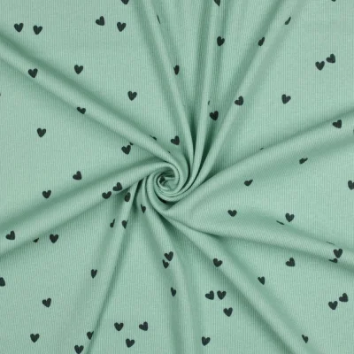 Tissu Jersey Coton côtelé petits coeurs Bleu marine sur fond Vert menthe - Par 10 cm