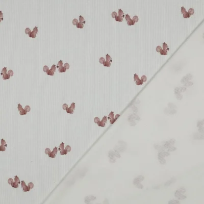 Tissu Jersey Coton côtelé digital Écureuil Rose poudré sur fond Ecru - Par 10 cm
