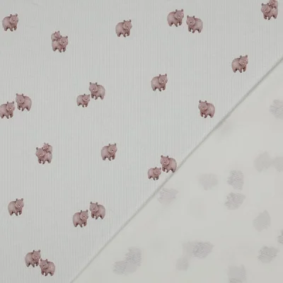 Tissu Jersey Coton côtelé digital Oursons Rose poudré sur fond Ecru - Par 10 cm