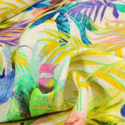Tissu Viscose Lin Tropica sur fond Ecru - Par 10 cm