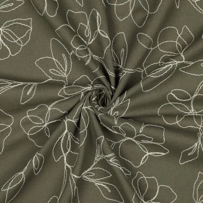 Tissu Lin Viscose Fines fleurs brodées sur fond Vert kaki - Par 10 cm