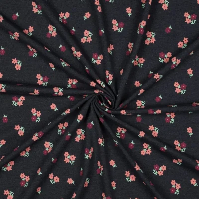 Tissu Jersey Polycoton imprimé Petites Fleurs sur fond Noir - Par 10 cm