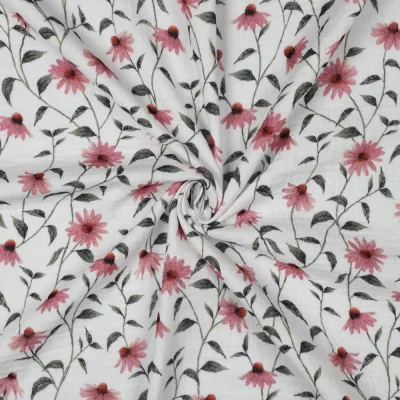 Tissu Double gaze de Coton Bio digital Fleurs Roses sur fond Blanc - Par 10 cm