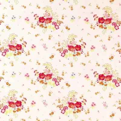 Tissu Jersey Coton imprimé Bouquets de fleurs Multicolores pailletés or sur fond Blanc - Par 10 cm
