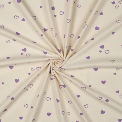 Tissu Jersey Coton imprimé Bio Petits Coeurs Violets sur fond Ecru - Par 10 cm