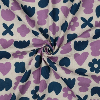 Tissu Double gaze de Coton Bio Love shapes Bleu et Parme sur fond Ecru - Par 10 cm