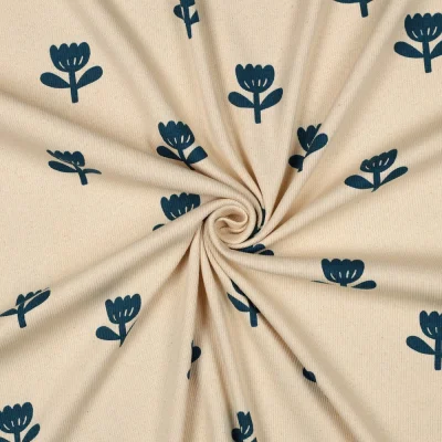 Tissu Jersey Coton côtelé Bio Tulipes Bleu sur fond Ecru - Par 10 cm