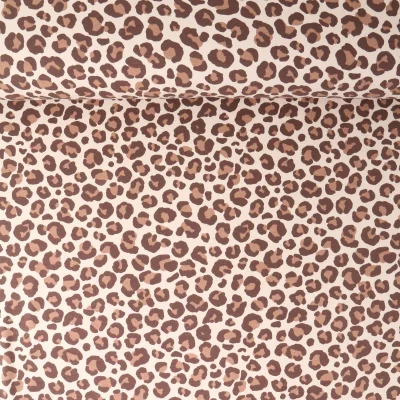 Tissu Sweat léger envers molletonné Naïa léopard Camel sur fond Beige - Par 10 cm