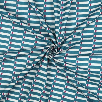Tissu Coton indien Block print Géométrique sur fond Bleu pétrole - Par 10 cm