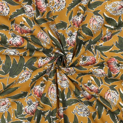 Tissu Coton indien Block print Fleurs Mia sur fond Ocre - Par 10 cm