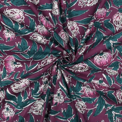 Tissu Coton indien Block print Fleuris Anna sur fond Violet - Par 10 cm