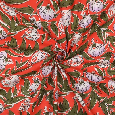 Tissu Coton indien Block print Fleuris Emma sur fond Rouge - Par 10 cm