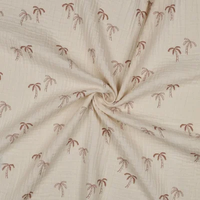 Tissu Double gaze de Coton Bio Palmiers sur fond Ecru - Par 10 cm